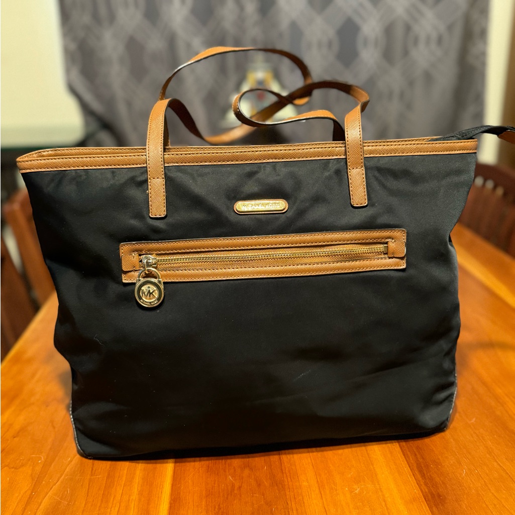 Michael Kors Black Nylon Bag With Tan Trim Tote